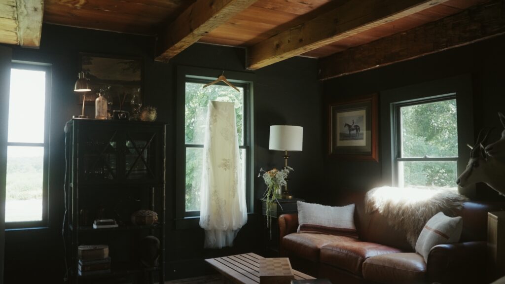 Dannielle Frankel Wedding Dress hanging at Audrey's Farmhouse