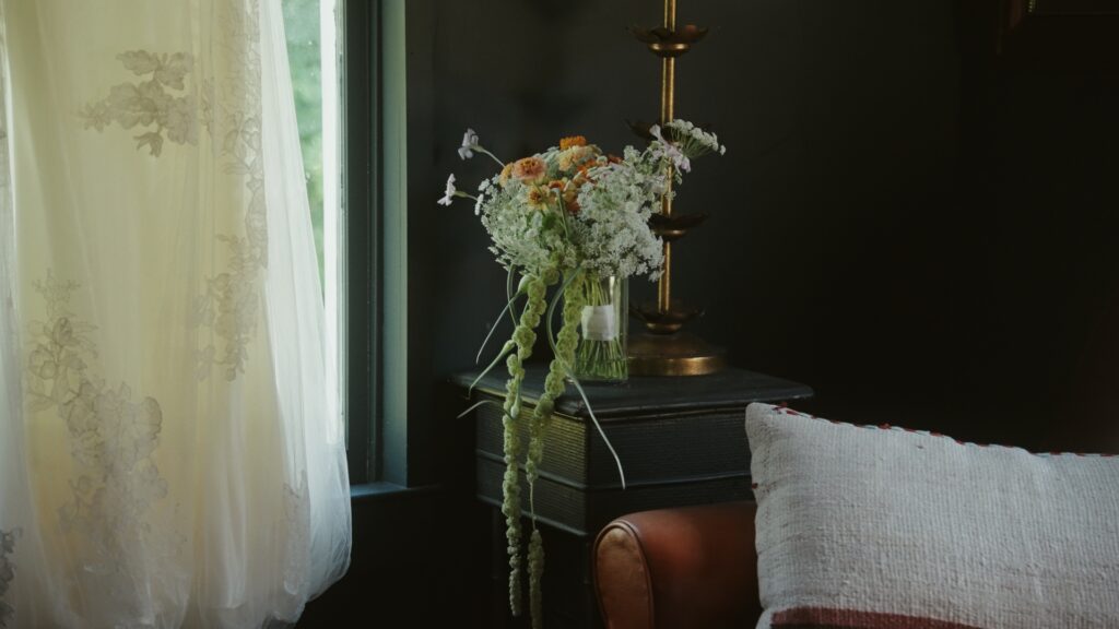 Hudson Valley Bride's colorful bouquet with amaranthus.