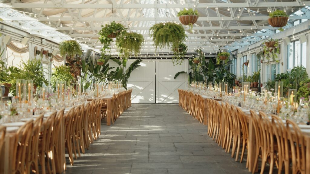The luxury reception tables inside Audrey's Farmhosue Greenhouse