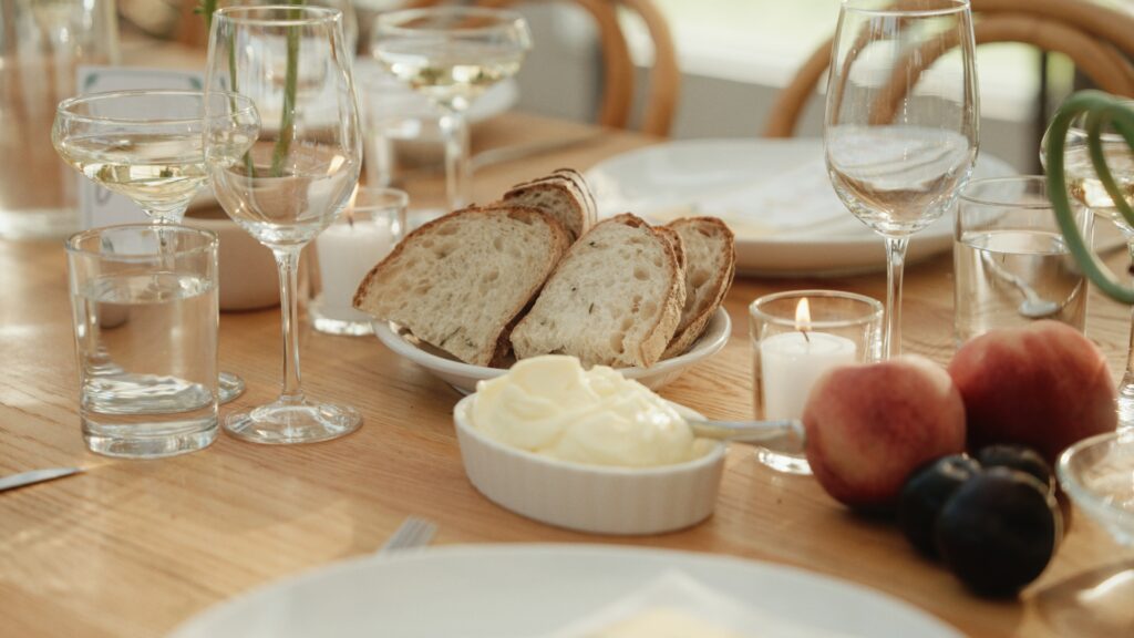 bread on a reception table at Audrey's farmhouse